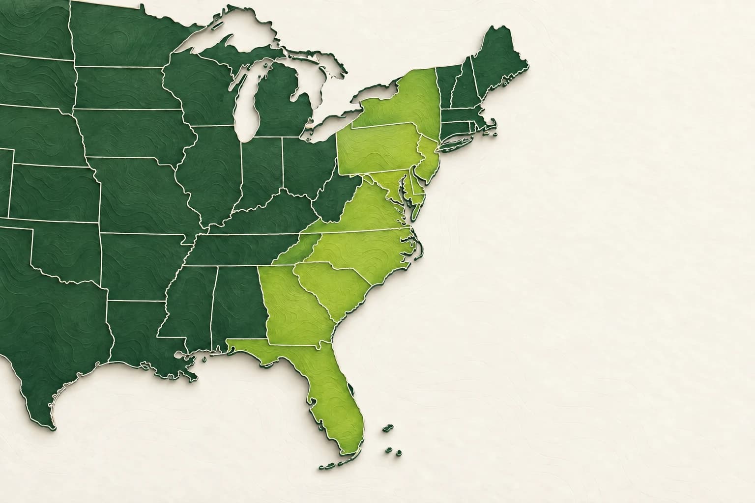 Relief map highlighting Green Goes presence along the eastern United States, with sales offices in Miami and Greensboro